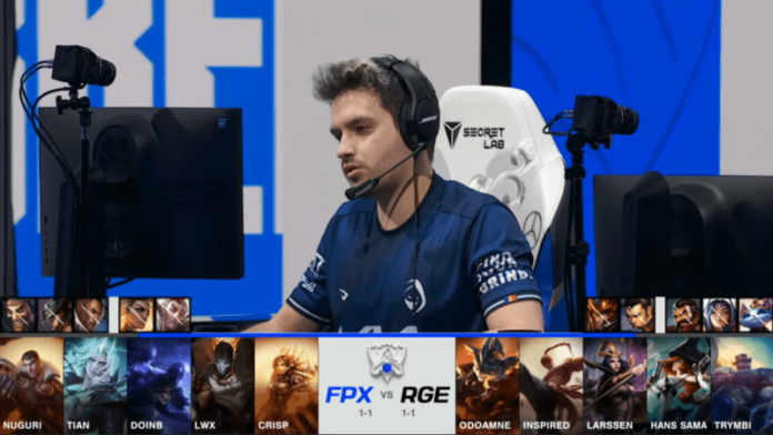 A screenshot from the 2021 World Championship Main Event Group Stage broadcast, showing the champion drafts between FunPlus Phoenix and Rogue with a shot of RGE top laner Odoamne above.