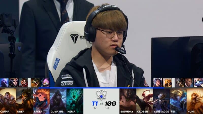 A screenshot from the 2021 World Championship Main Event Group Stage broadcast, showing the champion drafts between T1 and 100 Thieves with a shot of T1 ADC Gumayusi above.