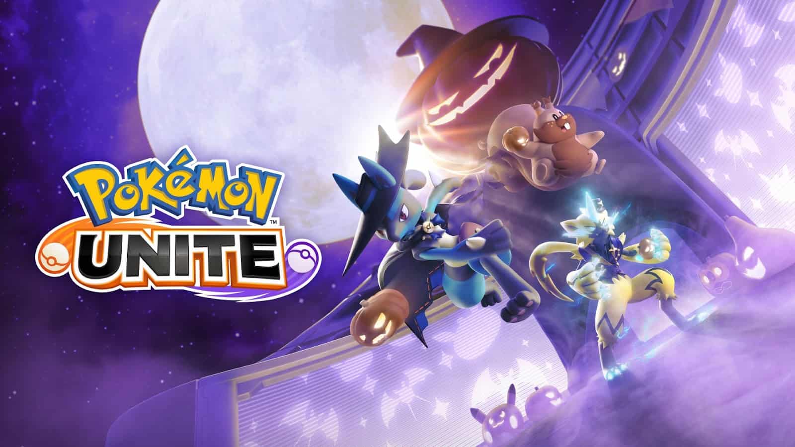 Pokemon charge up their powers to be ready to battle a giant pumpkin head monster in Pokemon Unite's Halloween update