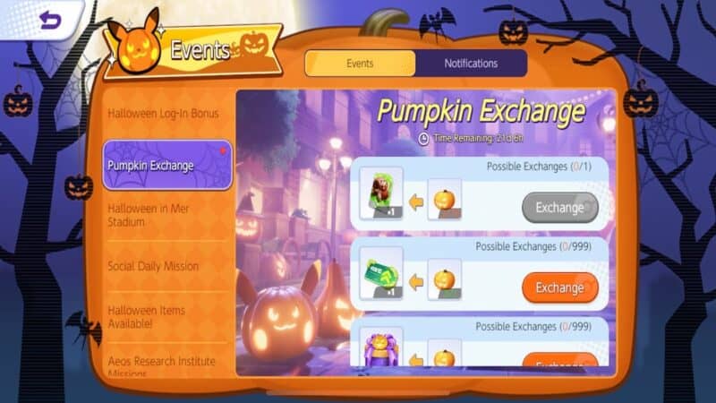 A screenshot of the Pokemon Unite Pumpkin Exchange menu from the Halloween event.