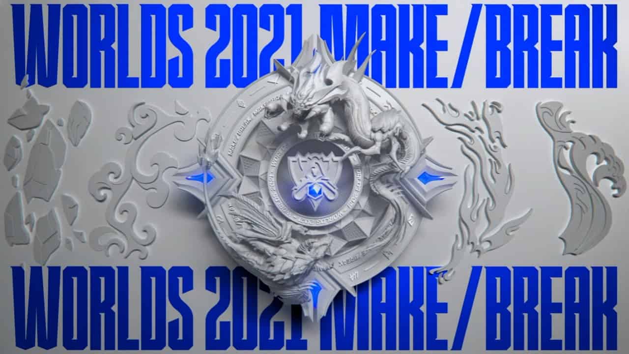 The words "Worlds 2021 Make/Break" appear repeated in blue on the top and bottom of the image with an intricate LoL Esports/Worlds 2021 logo in the center.