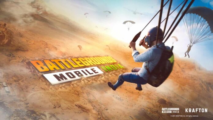 A man parachutes down towards a desert landscape with the words "Battlegrounds Mobile India" in the cloud.