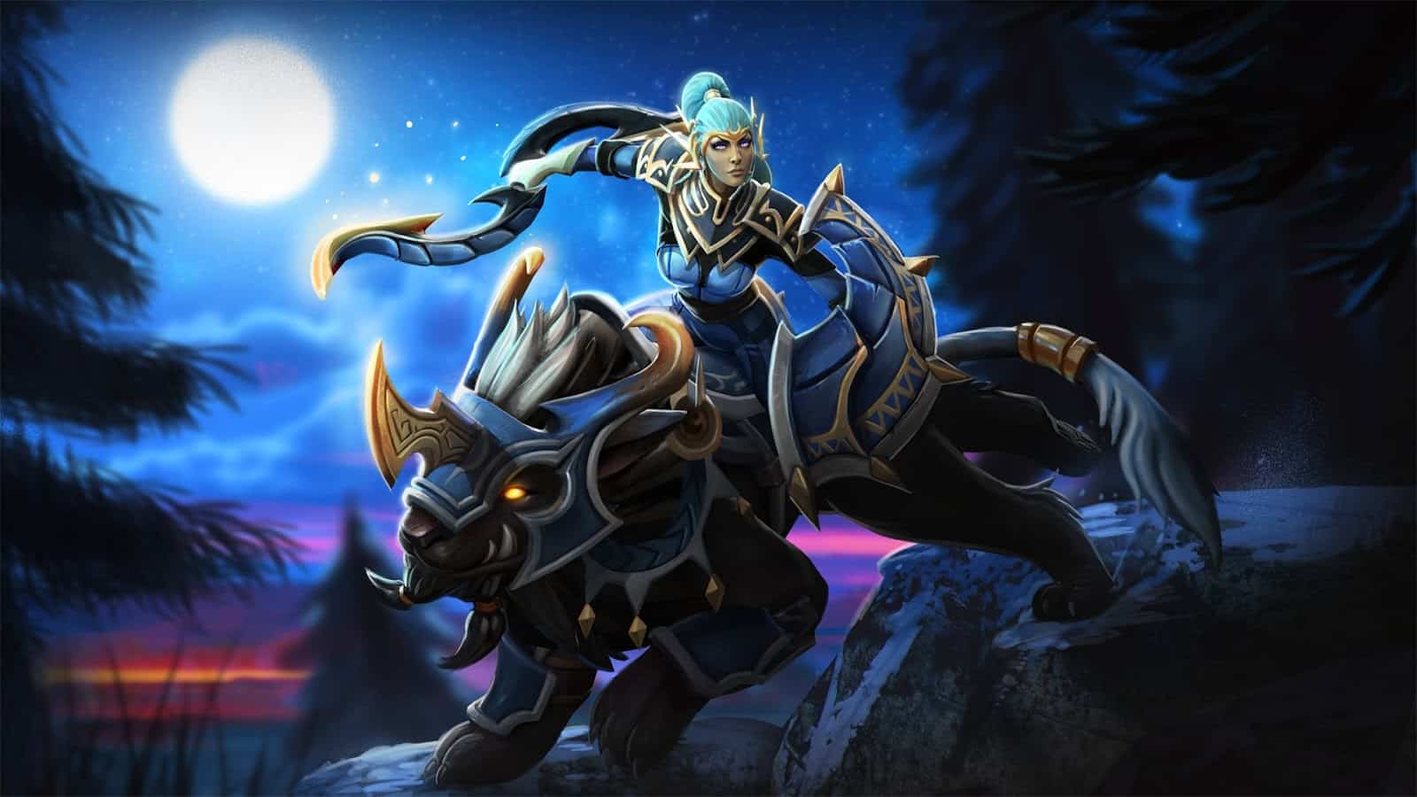 The Dota 2 Hero Luna charges atop her mighty tiger steed with her glaives drawn in the splash art for the Armor of the Moonlit Thicket set