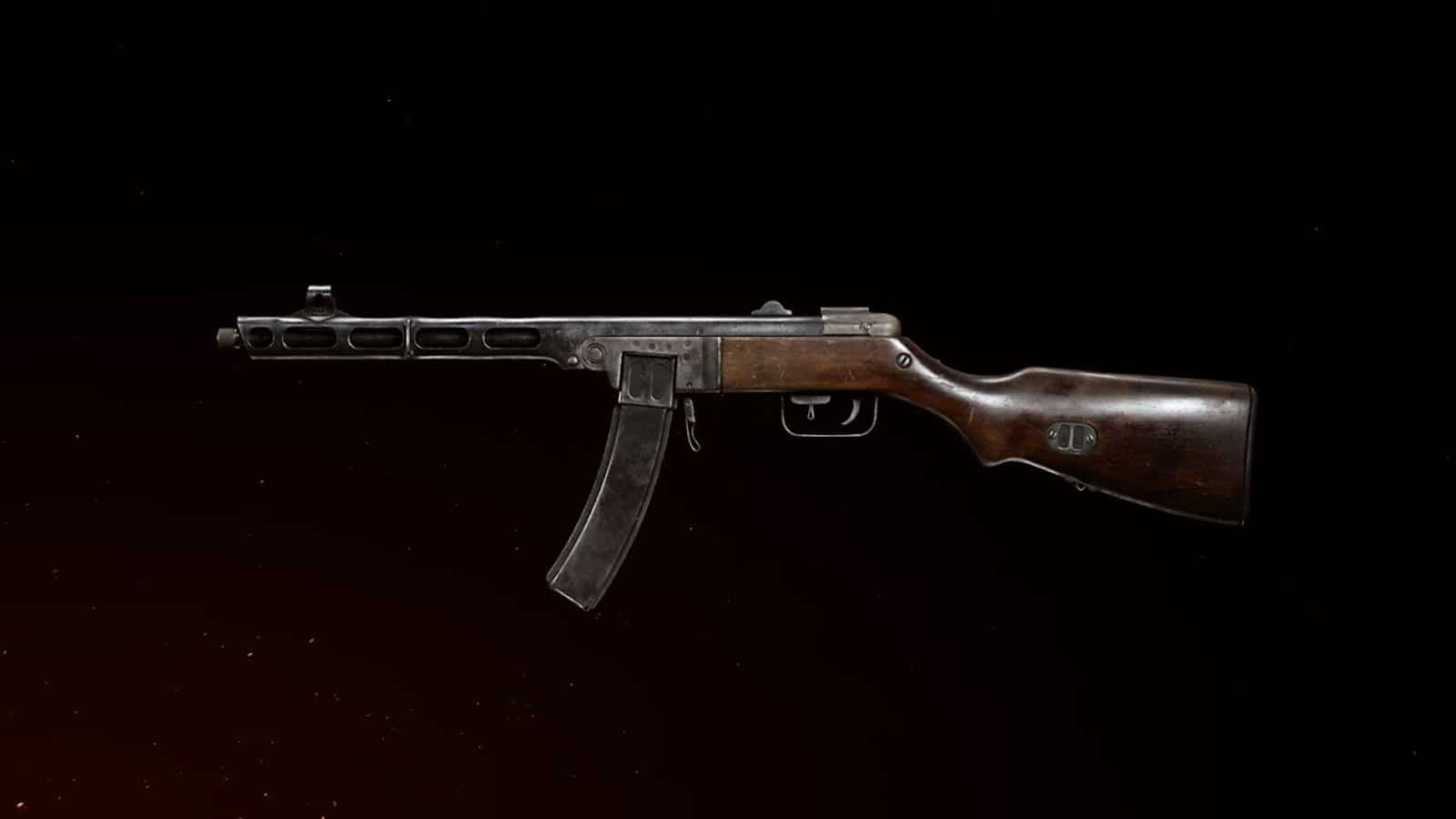 The PPSH-41, featuring its classic design with a black metal and woodgrain stock