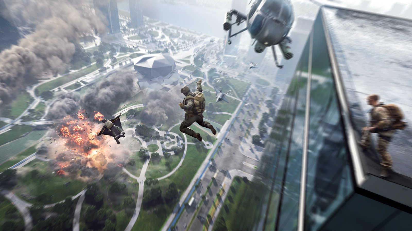 Parasoldiers leap from a helicopter deploying their chutes to land over a burning city in a promotional still from Battlefield: 2042