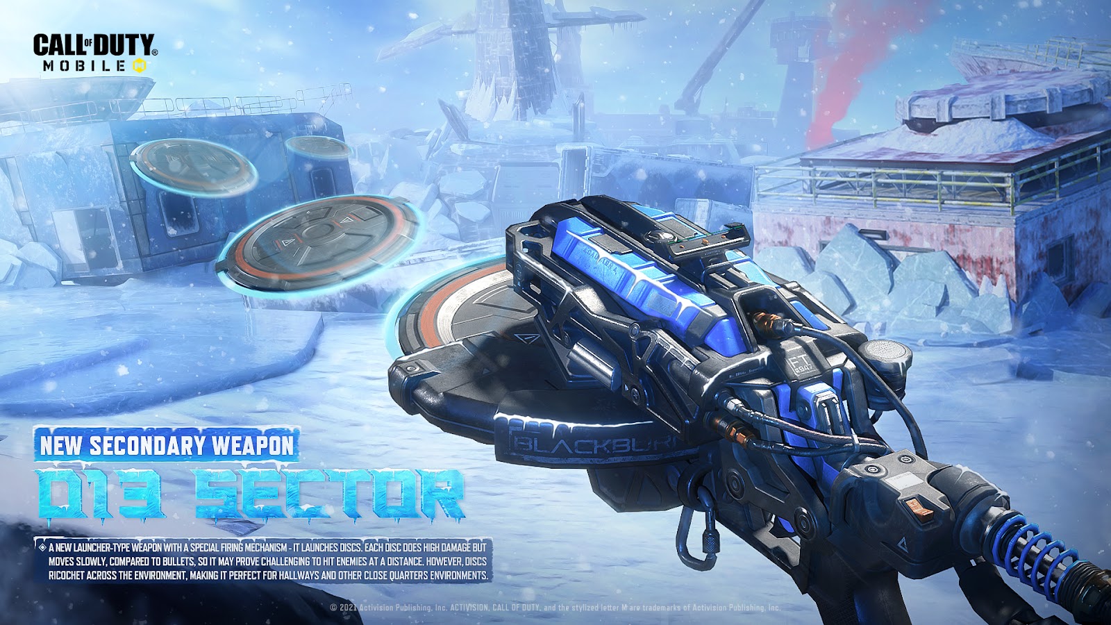 The new weapon added to CoD: Mobile, the D13 Sector disc launcher with a blue, silver and gunmetal grey finish to its futuristic disc-shape barrell's design