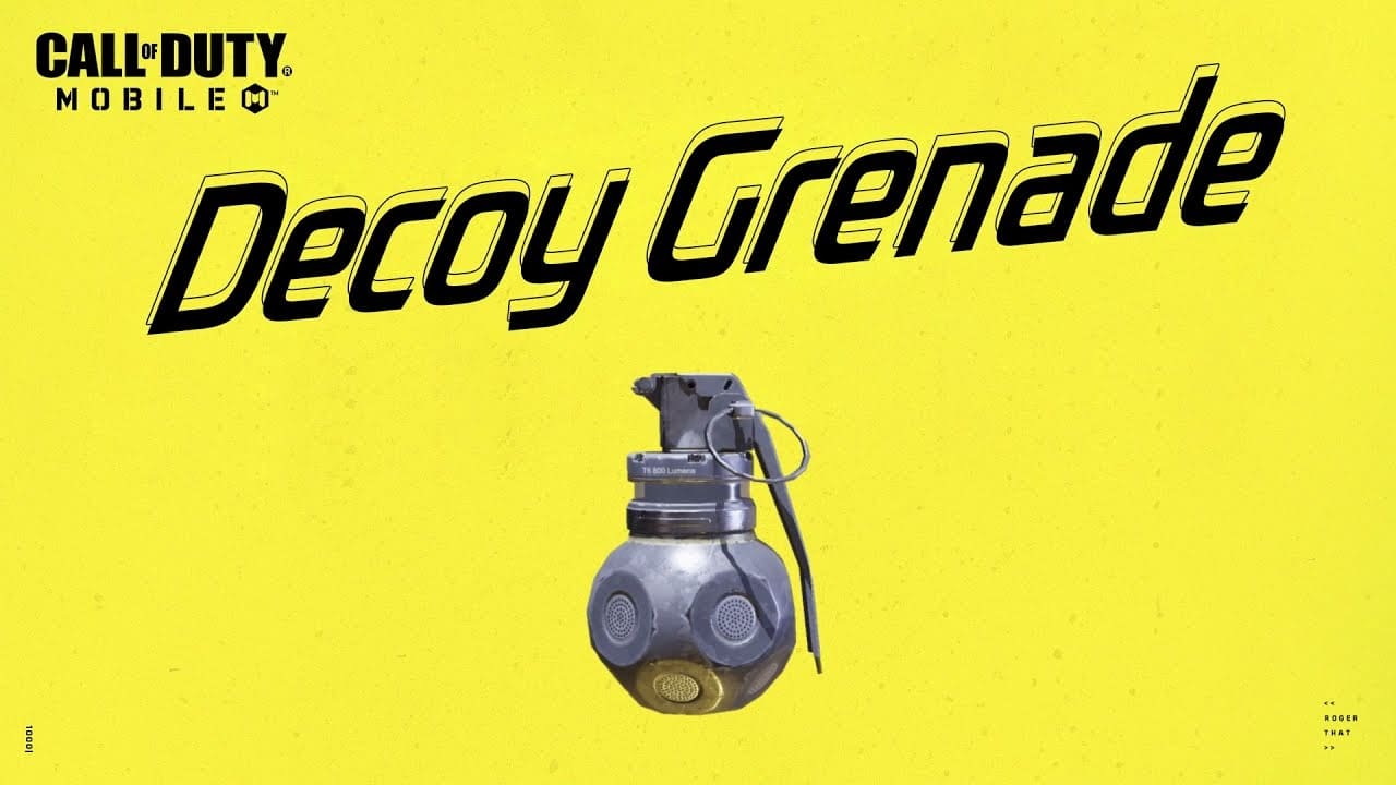 The new Decoy Grenade, a spherical, metallic grenade, available in CoD Mobile appears against a yellow background