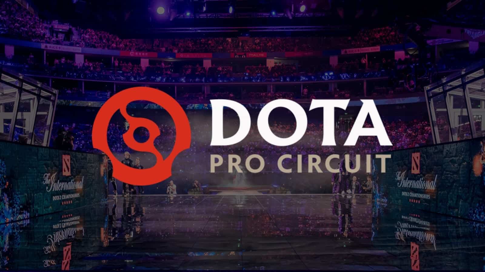 The DPC symbol, a stylized red version of the Aegis of the Immortals, appears next to the words "Dota Pro Circuit" in white and tan. Behind them a stage set up for a live event appears