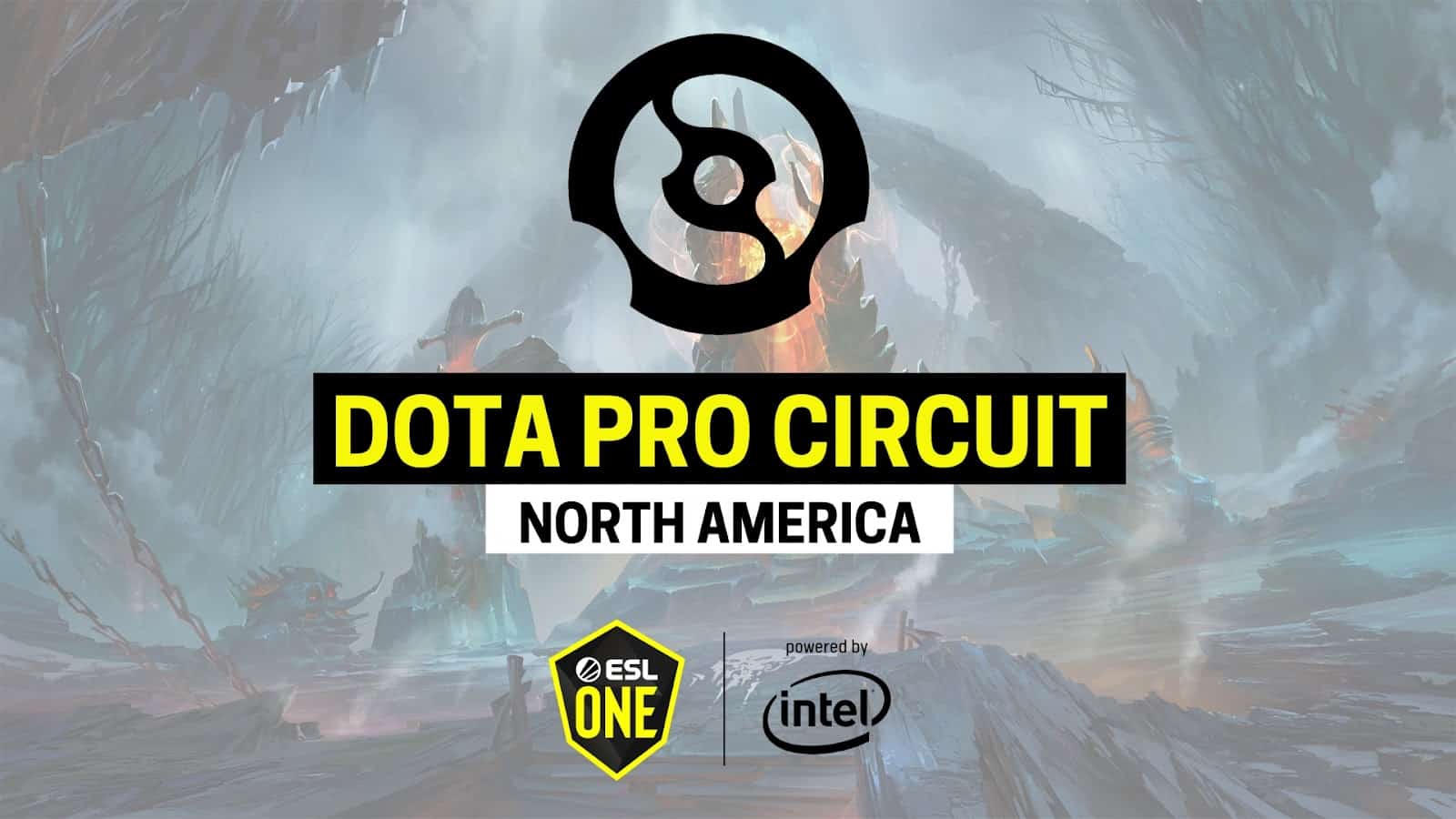 The symbol for the Dota Pro Circuit, a stylized aegis of the immortals, appears in black above the words "Dota Pro Circuit North America" in Yellow an White. The ESL One and Intel logos appear beneath