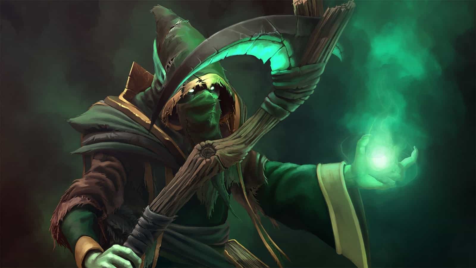 The Dota 2 hero, Necrophos, summons eldritch green flames into his hands as he watches from behind his hooded robe