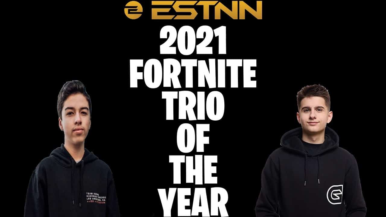 Fortnite players Arkhram and Hen stand either side of the words "2021 Fortnite Trio of the Year" the ESTNN logo appears at the top of the image