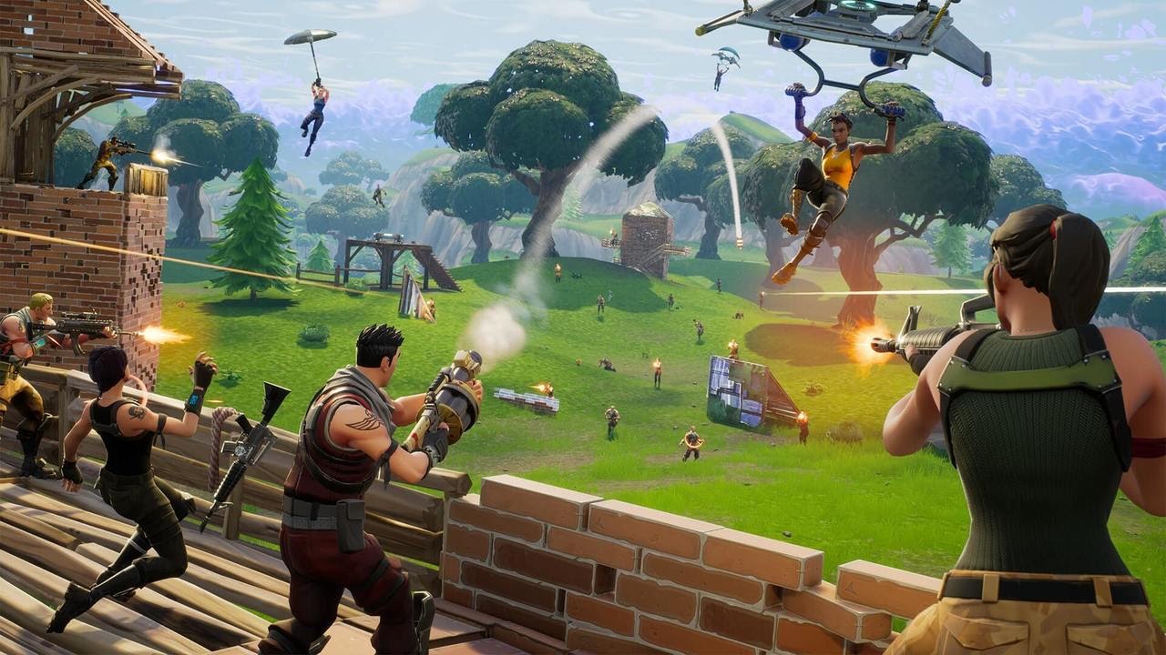 Fortnite characters engage in a gunfight using a wall for cover as an enemy opponent hang glides down toward their position in Fortnite Chapter 3