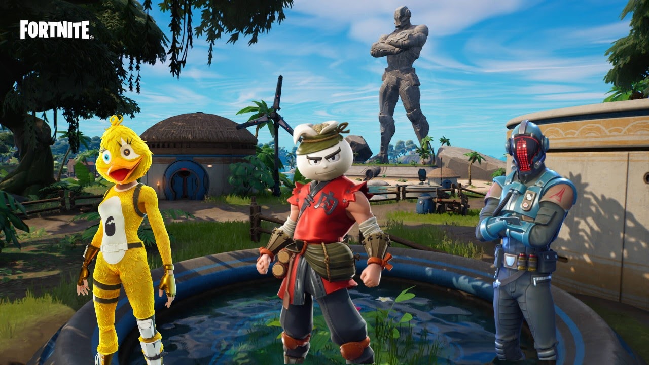 Fortnite NPCs including Quackling, Bao Bros and The Foundation stand in front of a stone statue