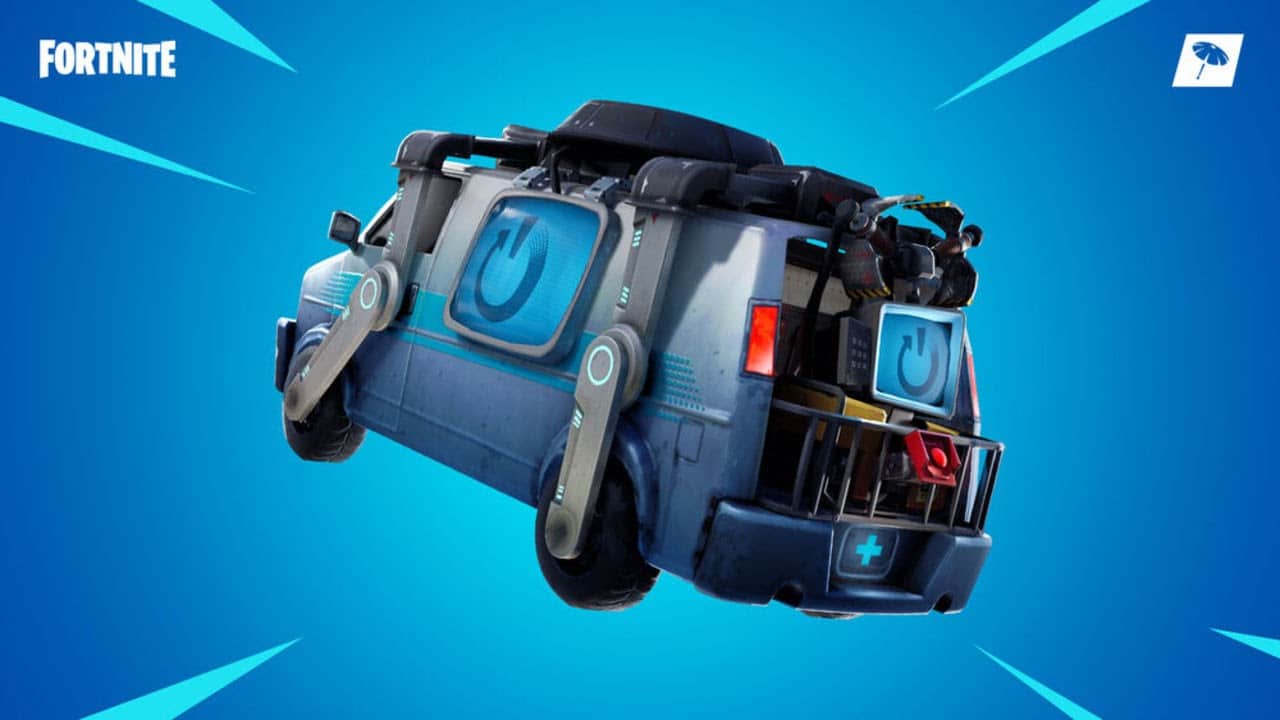 Fortnite's reboot van, a blue minivan with a power symbol on the windows, appears against a blue background