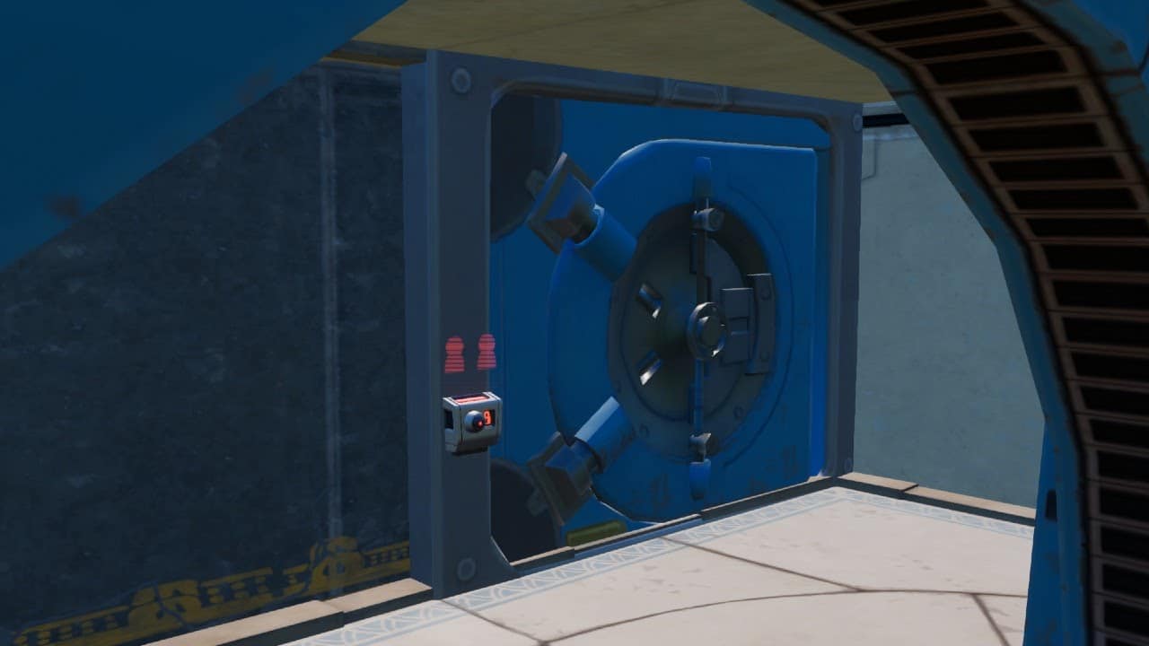 A large blue vault appears with the door slightly ajar as vaults return in Fortnite Chapter 3 Season 1