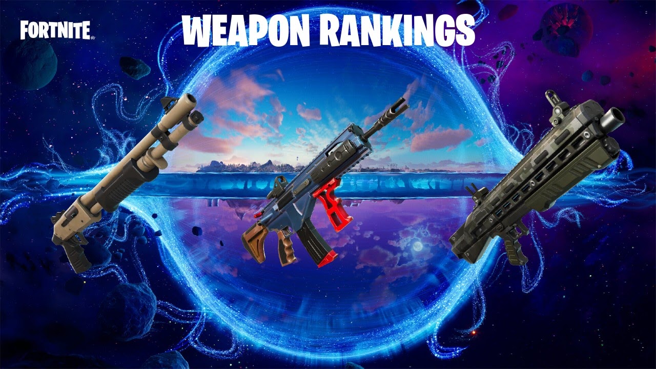 The Pump Action Shotgun, MK-Seven Assault Rifle and Auto Shotgun appear in front of the new Fortnite flipped map. The words "Weapon Rankings" appear above them in bold white letters