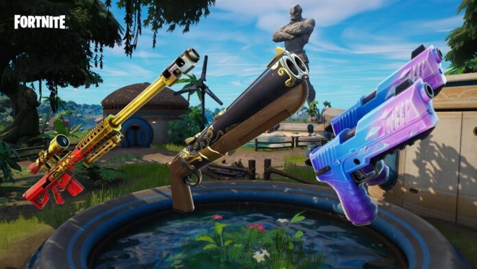 Some of the new weapons available in Fortnite Chapter 3 Season 1 including the Marksman Six Shooter and Boom Sniper Rifle