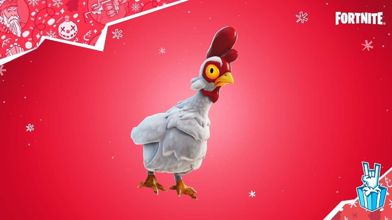 One of the chickens from the new Winterfest challenge in Fortnite Chapter 3 appears against a festive red background