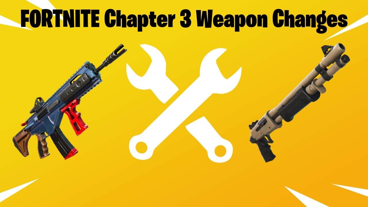 The Fortnite MK-Seven Assault Rifle and Stinger SMG appear against a white background, a pair of spanners form a cross between them. Above them the words "Fortnite chapter 3 weapon changes" appear in bold, black letters