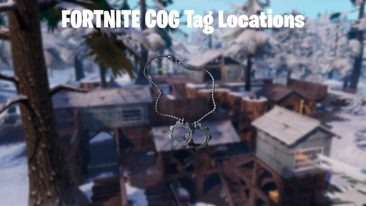 The Fortnite POI Logjam Lumberyard appears with the Gears of War cog tag shown prominently in the foreground. Above it the words "Fortnite COG Tag Locations" appear in bold white letters