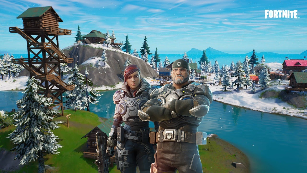 Marcus Fenix and Kait Diaz stand against the backdrop of the Fortnite landscape in thier iconic military costumes