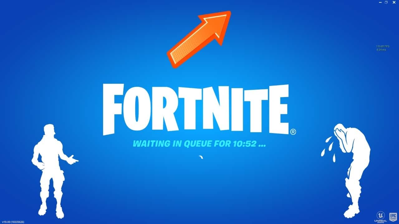 The login screen for Fortnite during the Chapter 3 - Season 1 launch, showing the login timer at 10:52