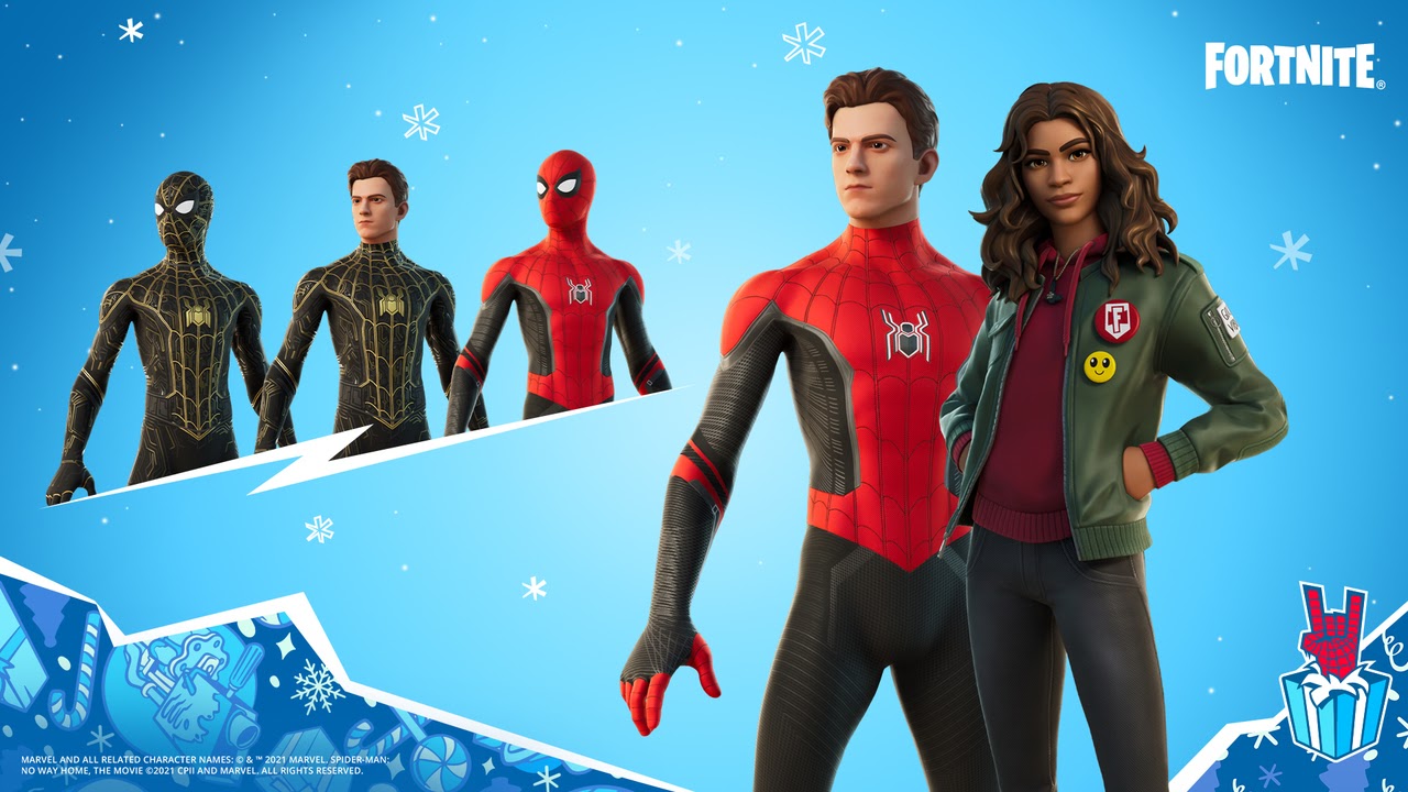 Fortnite's latest crossover skins, Tom Holland and Zendaya appear as their characters, Peter Parker and Mary Jane from the new movie Spiderman: No Way Home