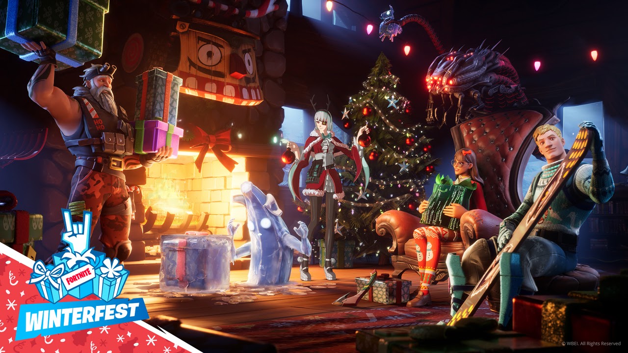 Jonesy and Krisabelle sit around the fire place admiring their gifts from Sgt. Winter in Fortnite's Winterfest promotional art