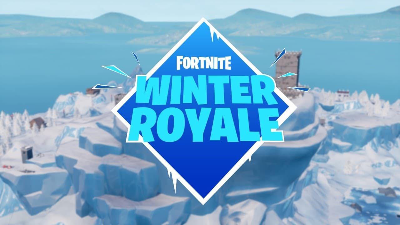 The snow covered Fortnite map appears with the Winter Royale logo displayed prominently in the middle of the frame