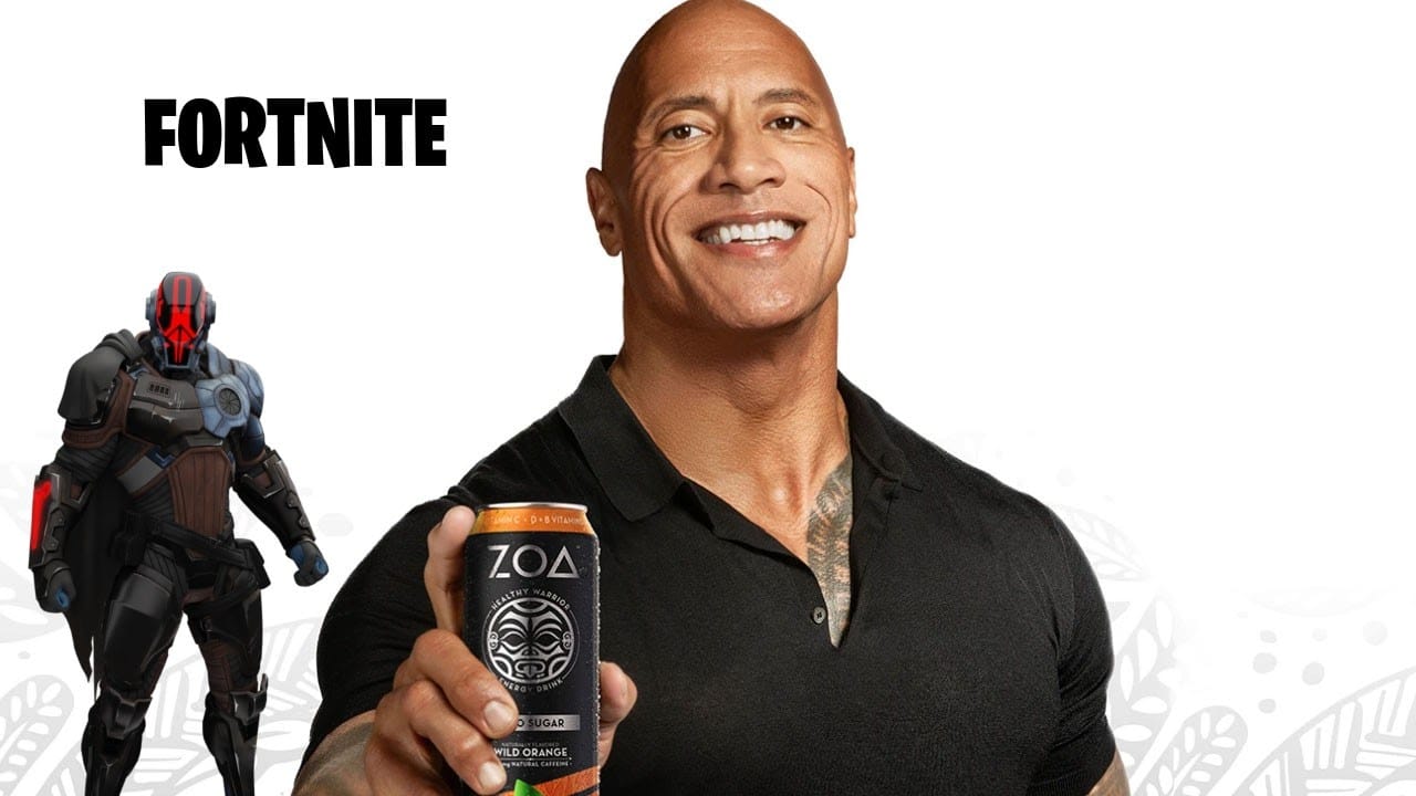 Dwayne “The Rock” Johnson smiles for the camera, raising a can of his enrgy drink, Zoa, the Fortnite character, The Foundation, appears in the background behind his shoulder