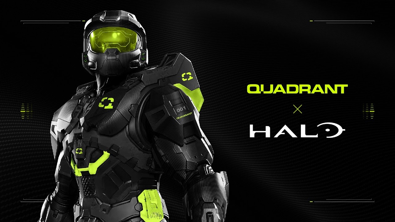 A Halo character appears in a black and neon green version of the game's iconic space suit. Beside them the words "Quadrant x Halo" appear in green and white letters