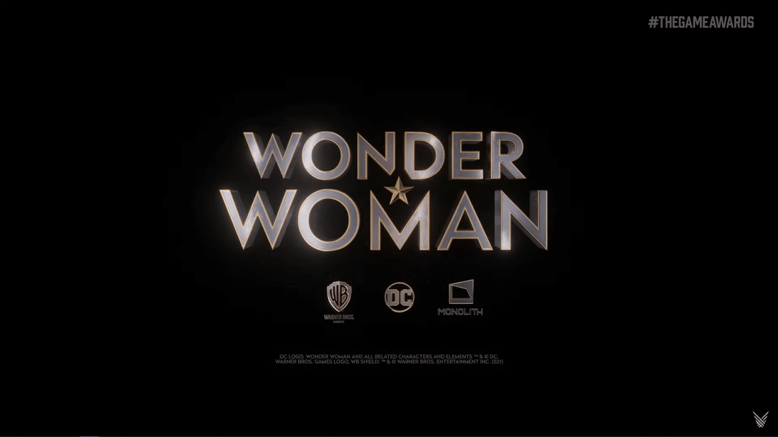 The Wonder Woman logo appears in block metallic gold letters against a black background