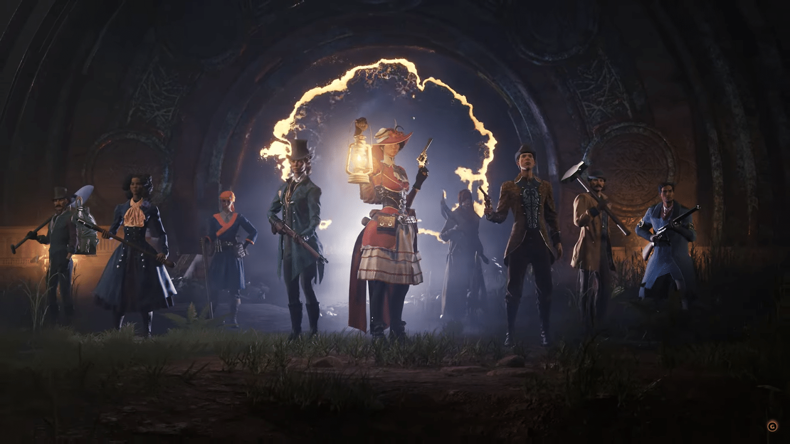 A promotional image for the new survival, Nightingale, showing the game's various characters in costumed with a steampunk aesthetic