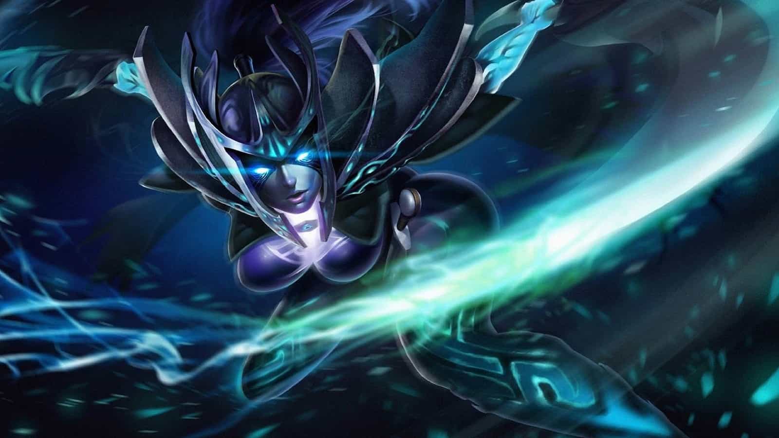 Dota 2 hero Phantom Assassin swings her blade and leaves a green, eerie streak in the air.