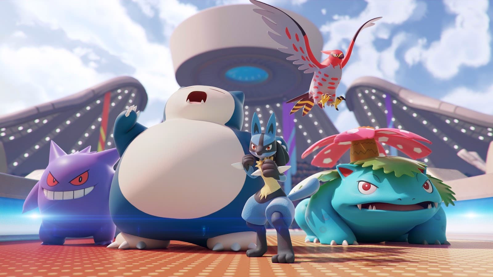 Pokemon including Lucario, Snorlax and Bulbasaur assemble for battle in Pokemon Unite