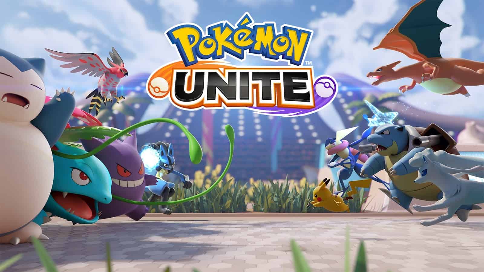 Two teams of Pokemon dash into a battle in a stadium with the Pokemon Unite logo in between them.