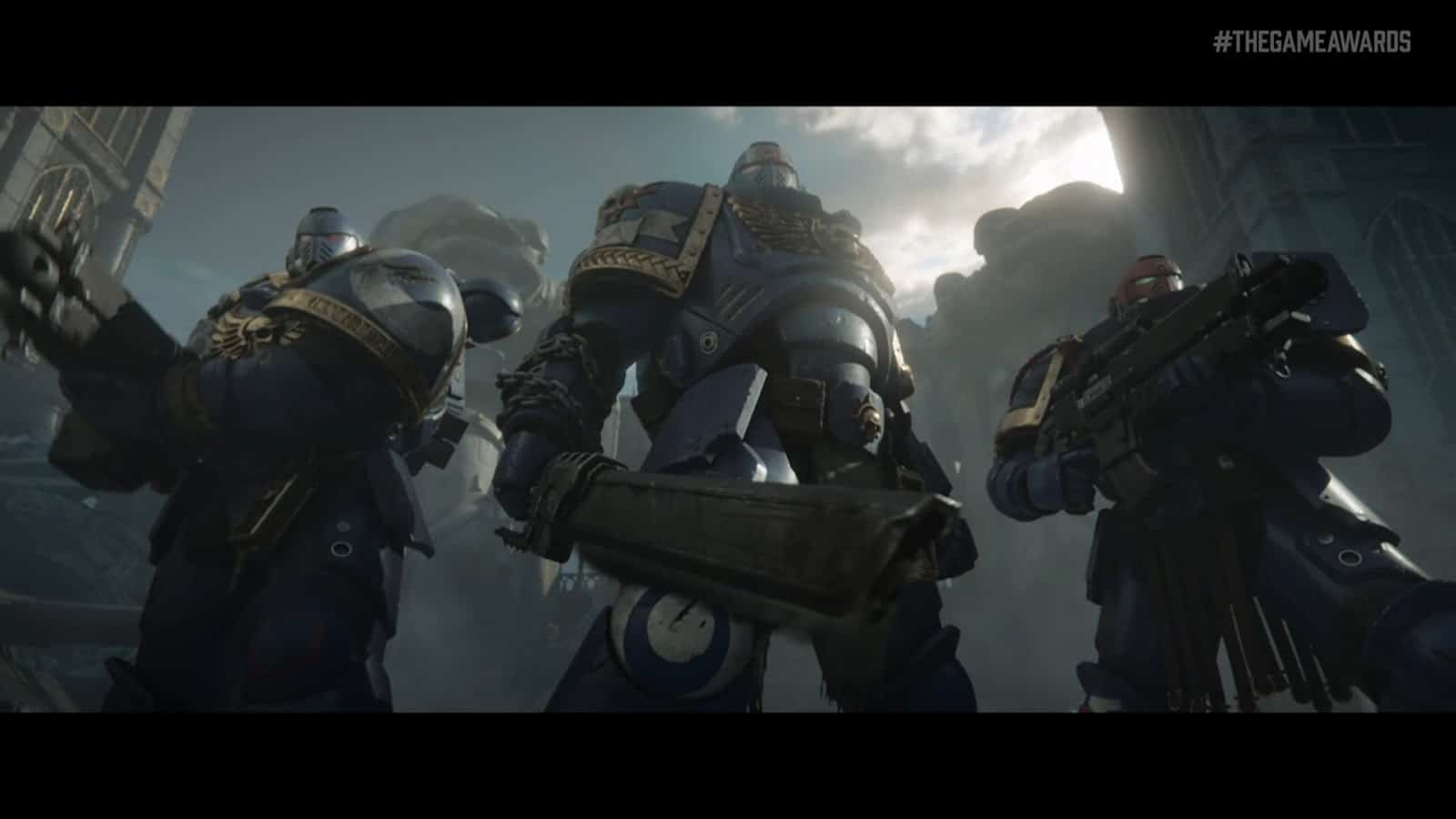 A trio of Space Marines look down at the camera in the trailer reveal for Space Marine 2 at The Game Awards