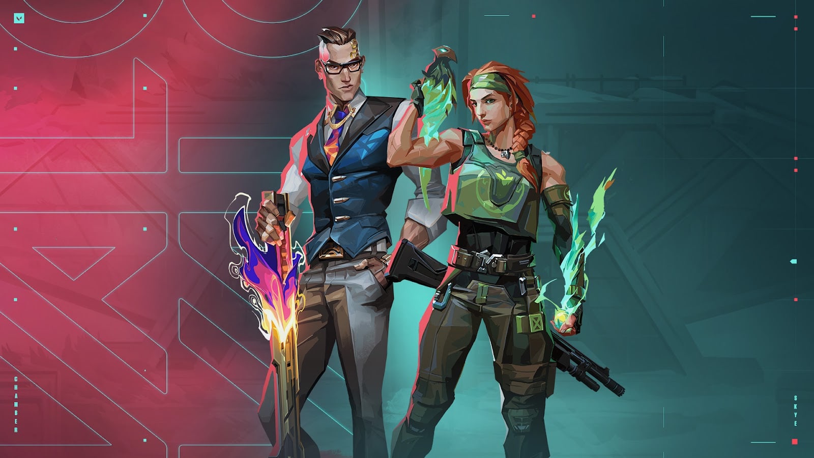 Valorant agents Chamber and Skye stand against a red and green background