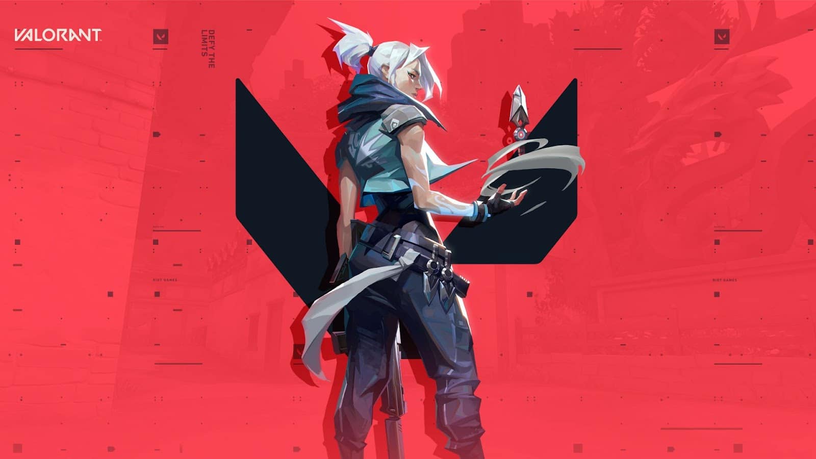 The Jett holds a knife in the air above her hand. The stylized letter V from the Valorant logo appears spray painted on the red wall behind her