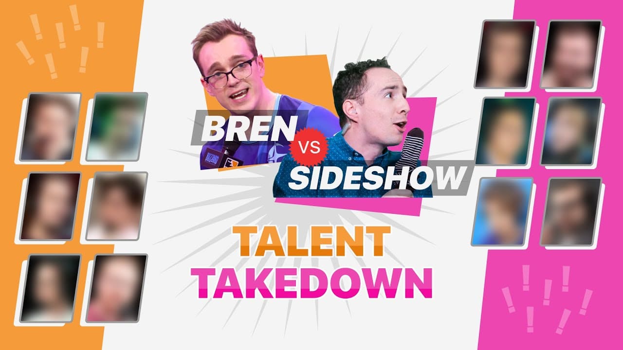 Brennon "Bren" Hook and Josh "Sideshow" Wilkinson appear above the words "Talent Takedown" in bright pink and orange