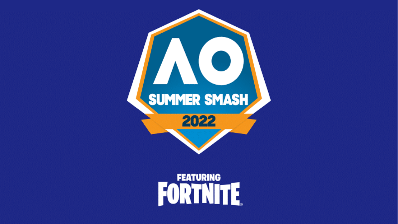 The Fortnite Australian Open Summer Smash logo, a bold white "A" and "O" inside a hexagon shield appears against a blue background