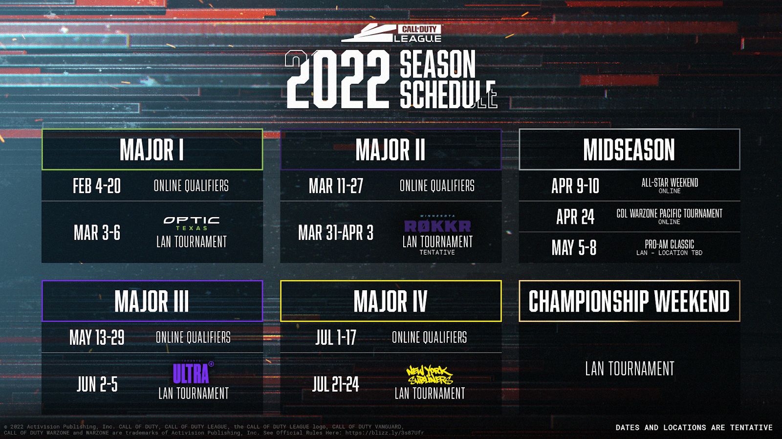 The schedule for the Call of Duty League showing the dates of the Majors and Championship Weekend