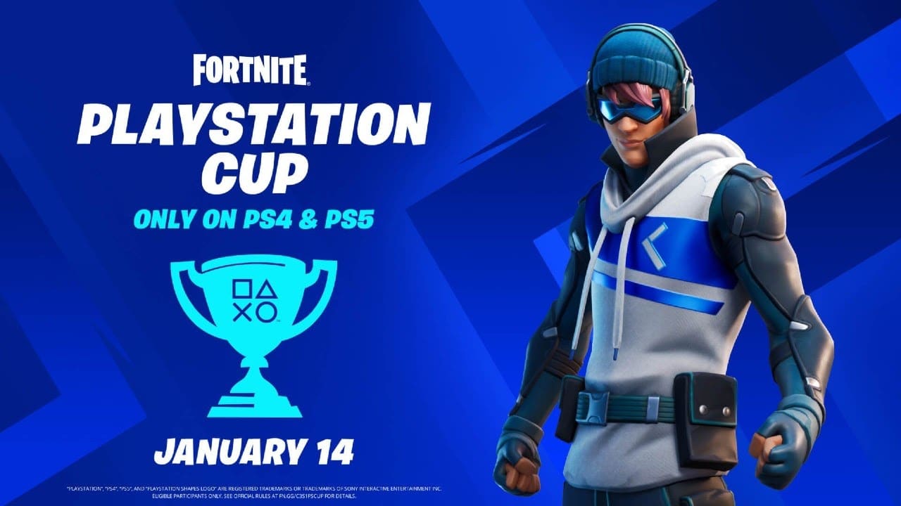 The words "Fortnite Playstation Cup only available on PS4 & PS5" appear in bold white and blue letters above a stylized trophy with the playstation controller buttons on the front