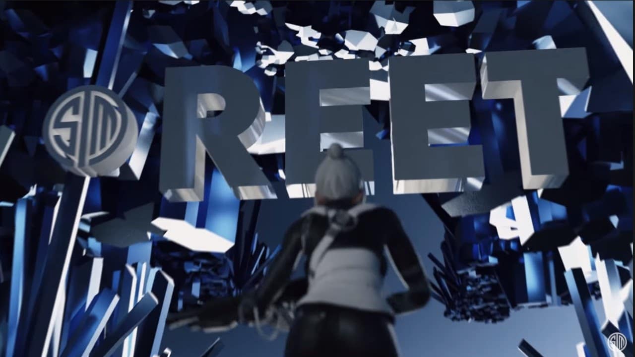 The word "Reet" appears in large block silver letters across the sky with Reet's fortnite character looking up at them