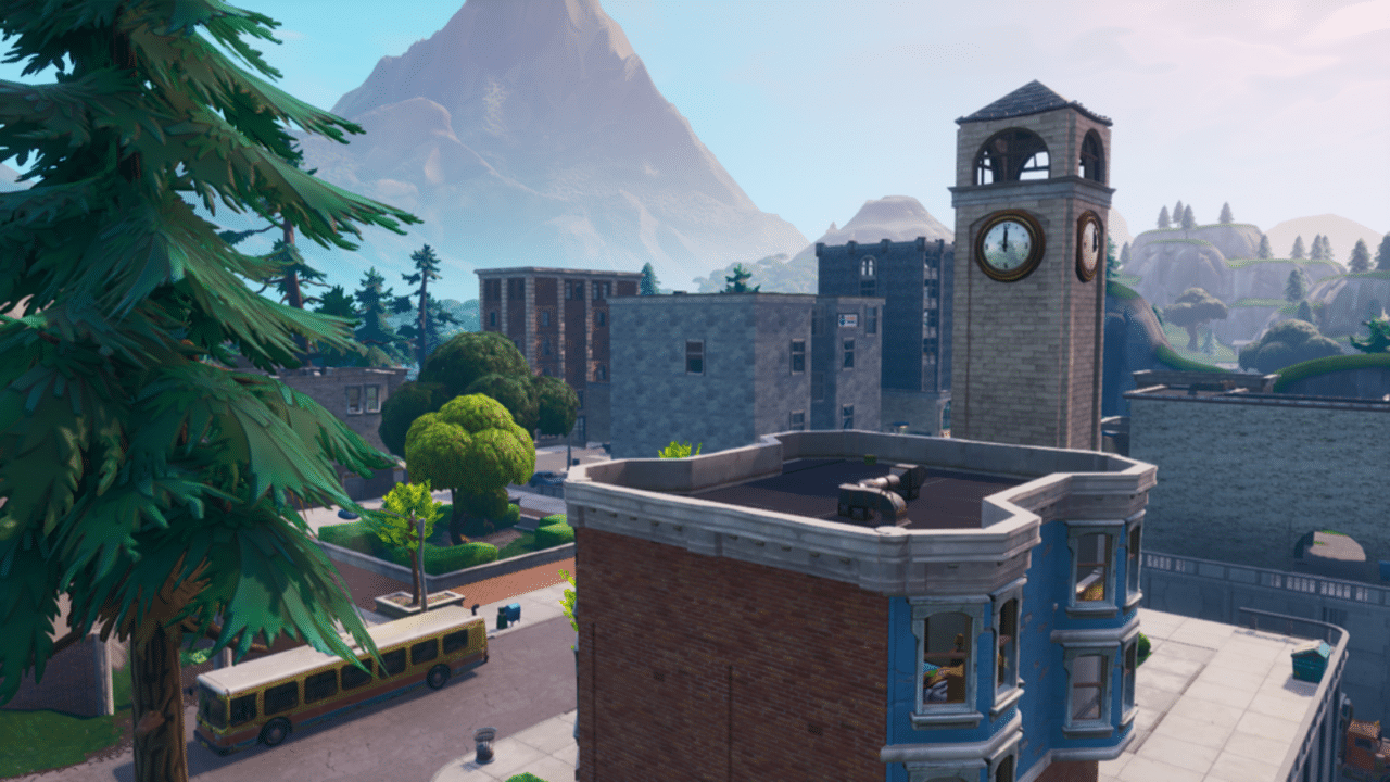 The iconic Tilted Towers with it's clocktower in the first Chapter of Fortnite Battle Royale