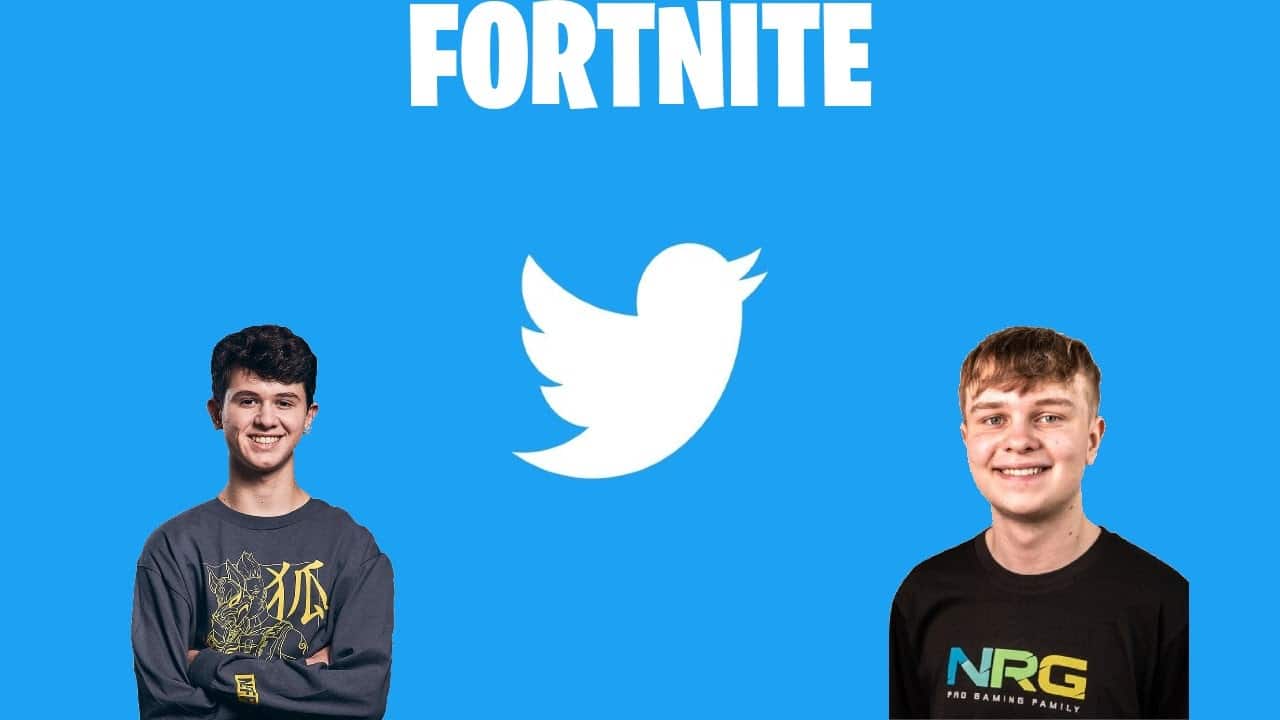 Fortnite players Bugha and Benji fish appear against a blue background, with the Fortnite and Twitter logos between them