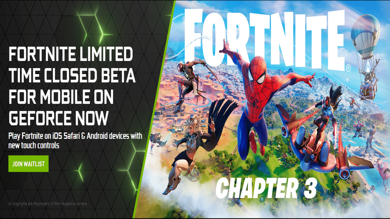 The words "Fortnite Limited Time Closed Beta For Mobile on GeForce Now" appear against a black fractal background. Beside them the promotional image for Fortnite Chapter 3 appears