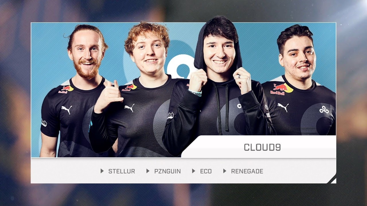 The roster for Cloud 9 appear in their team jerseys, the team logo appears in the background behind them