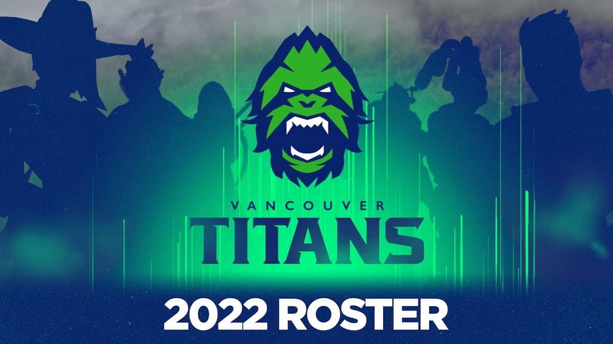 The logo for the Vancouver Titans, a green sasquatch face, appears above the words "Vancouver Titans 2022 Roster"