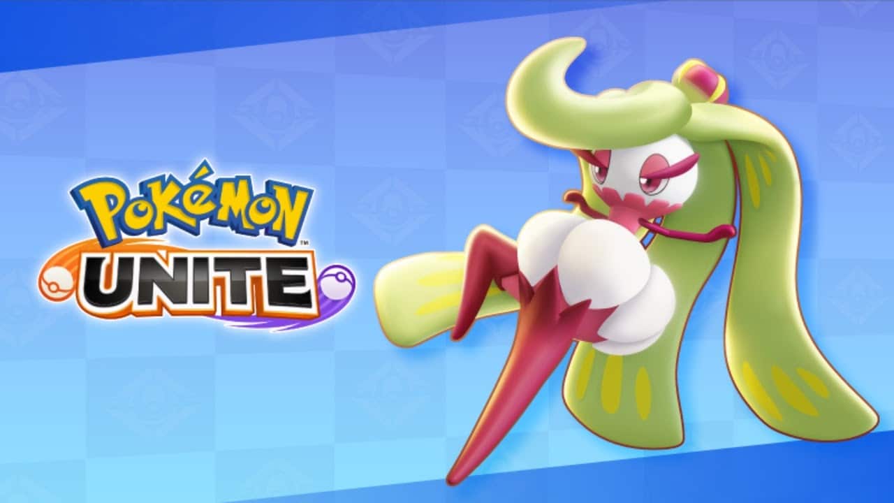 Tsareena, a bipedal, plantlike Pokémon with a humanoid appearance and long green leaf-like hair appears beside the Pokemon Unite logo against a blue background